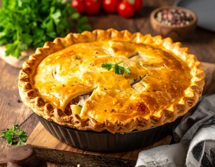 Golden-crusted savory pie with a portion cut out