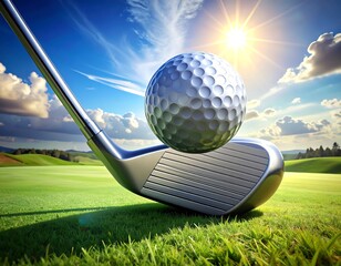 Golf club about to strike a ball on a sunny green field