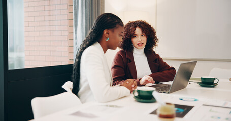 Laptop, sales team and women with conversation, documents and teamwork with planning. Employees, coworking and consultant in office, pc and discussion with ideas for social media campaign or talking