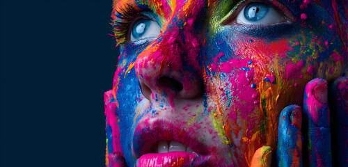 Close up of a woman's face covered in vibrant, colorful Holi powder paint with blue eyes looking up