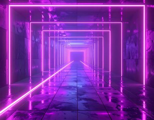 Futuristic corridor with neon pink framing and reflective floor