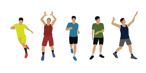 A man engaging in sports hobbies in positions of kicking, throwing, running, and resting. For posters or CAD drawing. Vector illustration