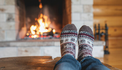 A man sits in Christmas socks in front of a fireplace. A symbol of coziness during the Christmas season