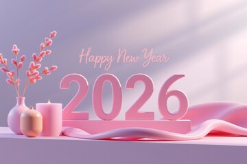 Stylish pastel New Year 2026 celebration scene with pink decor, soft fabric, and elegant typography.