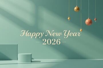 a minimalist festive greeting that uses gentle light diffusion, airy geometric spacing, and warm neutral colors, with happy new year 2026 placed centrally to convey elegance, renewal.