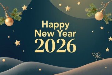 Elegant New Year 2026 greeting card with golden ornaments, pine branches, and festive typography.