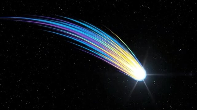 A dazzling celestial body with a brilliant, streaking tail of blue, purple, and golden light traverses the vastness of a star-filled deep space. This dynamic and vibrant cosmic phenomenon evokes a sen