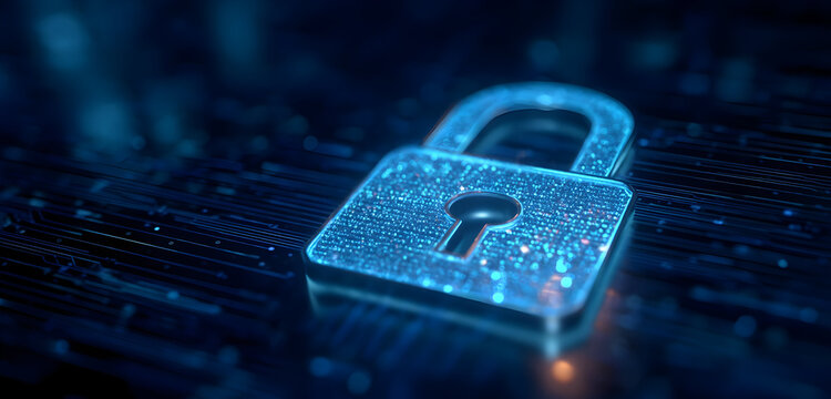 Close-up of a shimmering blue digital padlock on a dark circuit board background - Powered by Adobe