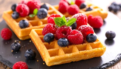 Close-up of golden waffles with vibrant berries and mint garnish
