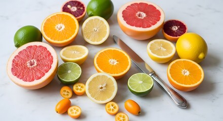 Assortment of fresh citrus fruits including oranges grapefruits limes and lemons on white