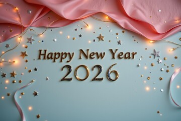 a contemporary new year composition with muted pastel layering, delicate lighting transitions, and minimal decorative highlights, featuring " happy new year 2026 " in a precise.
