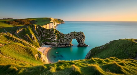 Dramatic coastal cliffs and turquoise waters at etretat france during a golden sunset