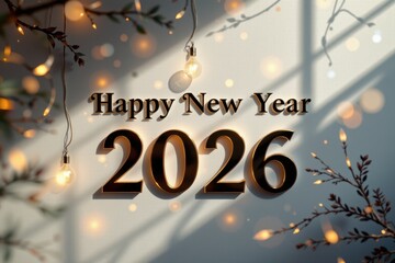 Cozy Happy New Year 2026 greeting with glowing 3D text, warm lights, leafy branches, and soft bokeh.