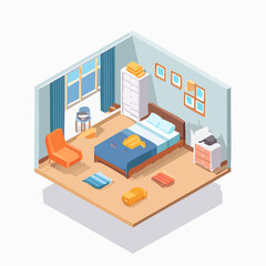 Obraz premium Modern isometric bedroom interior showcasing a cozy, slightly untidy personal space, perfect for illustrating daily life and comfortable living environments with a warm atmosphere