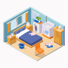 Isometric vector graphic of a bedroom and laundry room combo, featuring a bed, washing machine, dryer, clothes, depicting household chores and a functional living space