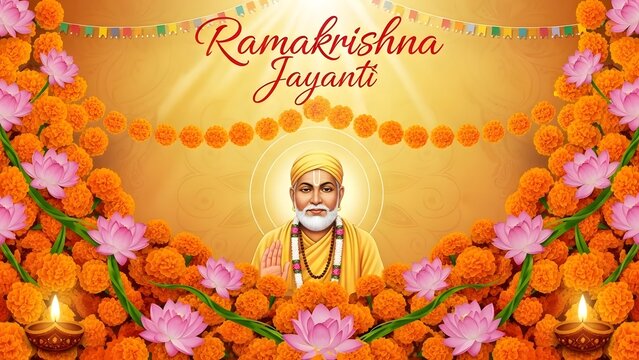 Ramakrishna jayanti celebration with marigold flowers and a portrait of ramakrishna