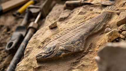 Exposed fish fossil in sediment at excavation site