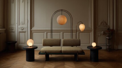 Modern living room interior featuring sofa lamps and wooden floor design