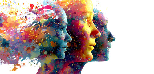 Abstract portraits of three women created with vibrant paint splatters, expressing individuality and creativity.