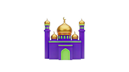 Golden Dome Mosque With Purple Walls And Green Accents And Minarets On A Transparent Background Rendered In 3D