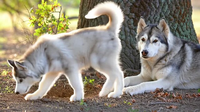 Two huskies dig at the base of a tree in the sunlight in the park.