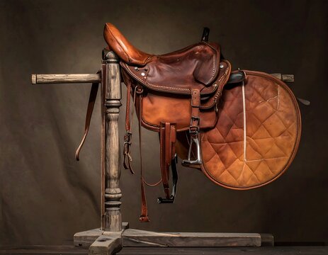 A vintage brown leather horse riding saddle displayed on a rustic wooden stand