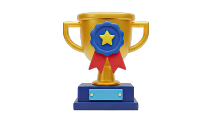 Golden Trophy Award with Blue Ribbon and Star Emblem on a Dark Blue Pedestal Against a Transparent Background Realistic 3D Render