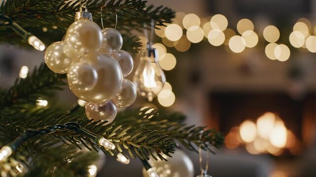 Decorated evergreen tree with ornaments and string lights in festive atmosphere