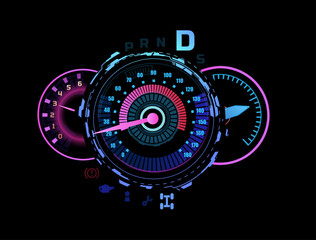 Car dashboards with dial, numbers, gauges and scale. Illustration in neon blue and pink led.