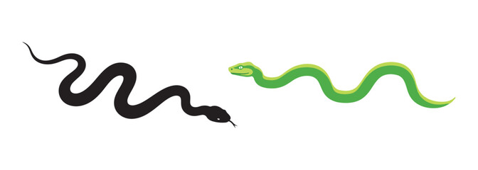 Green and Black Snake Vector Illustration Set. Winding Reptile Icons