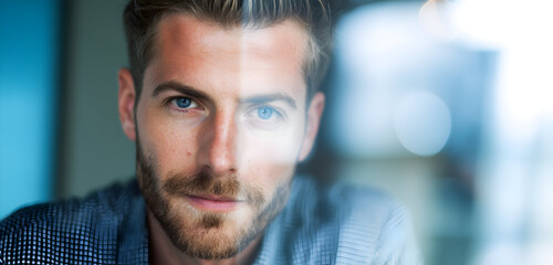Close-up Portrait of a Handsome Man with Blue Eyes and a Beard, with Soft Bokeh Lighting