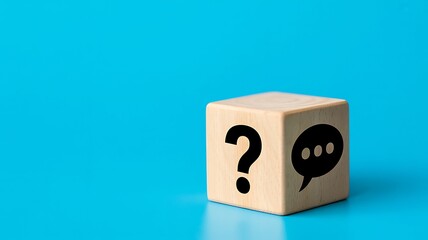 Wooden block with question mark and speech bubble icons on bright blue background, concept of asking questions, communication, and problem solving