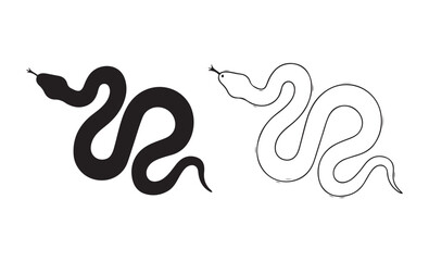 Black Snake Silhouette and Outline Drawing Set. Coiled Serpent Icons.