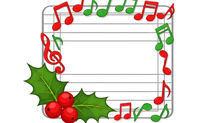 Obraz premium A festive holiday music staff with holly and notes on transparent background for christmas