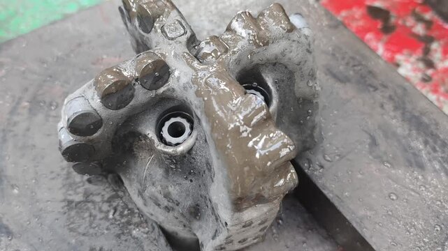 Polycrystalline Diamond Compact (PDC) drilling bit on the rig floor used for drill oil and gas well for petroleum exploration and production.
