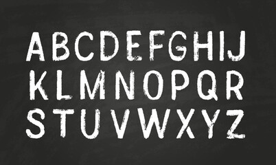Uppercase letters of English alphabet white chalk texture font, chalk board typographic symbols, pencil crayon typeface © sabelskaya