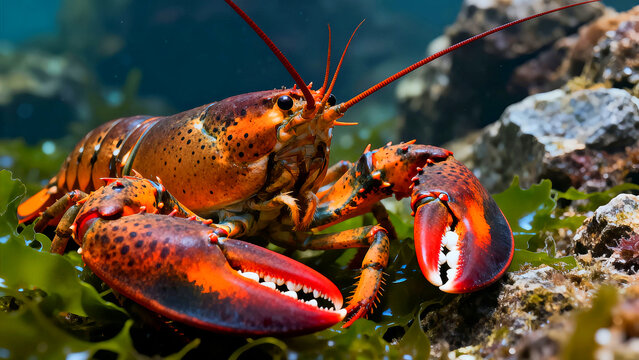 American lobster close up portrait bright orange claws underwater marine life crustacean ocean sea bottom habitat macro view vibrant colors natural environment aquatic animal sea creature deep water r