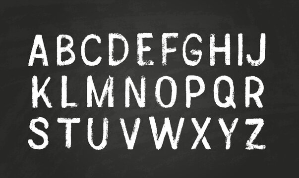 Uppercase letters of English alphabet white chalk texture font, chalk board typographic symbols, pencil crayon typeface