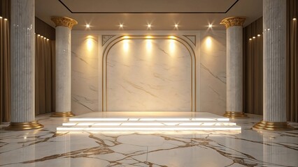 Luxury interior design with white and gold marble, classical columns, and illuminated stage.