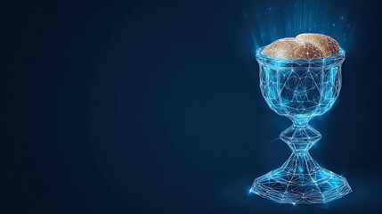 An artistic, ethereal goblet, radiating a futuristic, digital aesthetic, filled with what seems to be a piece of bread. ..Created with Generative AI, not depicting real subjects.