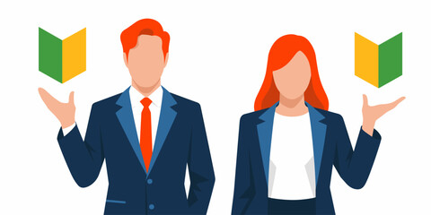 New Business Professionals Presenting Wakaba Mark Concepts with Open Hands, Standing in Modern Office Setting, Symbolizing Beginning, Growth, Introducing Opportunities, Innovation, Offering Solutions