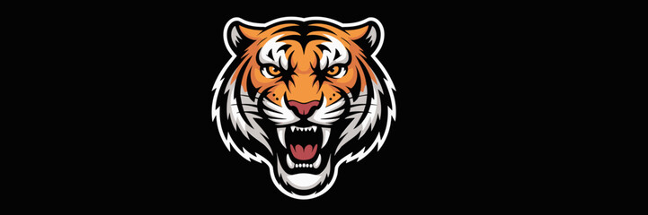 Intense Tiger Mascot Roaring with Ferocious Expression on Black Background for Sports Team Emblem or Esports Logo Design, Animalistic Power and Aggression, Strength in Competition, Modern Graphic Illu