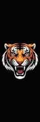 Obraz premium Roaring Tiger Head Graphic: Striking Feline Mascot with Angry Expression on Black Backdrop, Ideal for Sports Team Logos, Wildlife Awareness, Strength Symbolism, Digital Art, Print Design & Bold Brandi