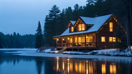 Fototapeta premium Lakeside Cabin Reflecting In Frozen Water With Pine Garlands Draped Across The Porch And Glowing Windows Contrasting The Cold Blue Night, Capturing Cozy Architecture And Serene Winter Beauty