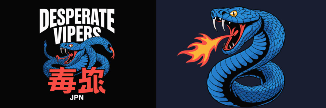 Aggressive Viper Striking with Fiery Breath on Dark Background, Dangerous Serpent Illustration for Team Logo, Sports Mascot, or Esport Branding, Toxic Snake Design Element for Gaming, Reptile in Actio