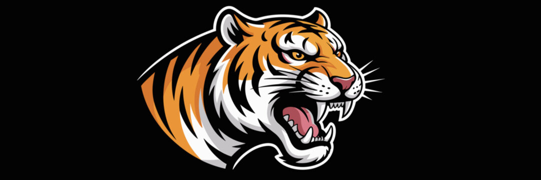 Fierce Tiger Roaring Aggressively with Sharp Teeth in Vector Illustration on Black Background for Sports Team Mascot, Graphic Design, Marketing Campaign, Brand Identity, Wildlife Conservation, Powerfu