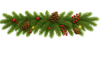 Christmas festive garland decorating with pine branches, red berries, pinecones, and tiny glowing lights on transparent background