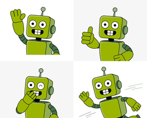 Friendly Green Robot Characters Expressing Various Emotions, Waving Hello, Giving Thumbs Up, Covering Mouth, and Running in White Studio: Conceptual AI Technology Mascot for Business, Modern Science,