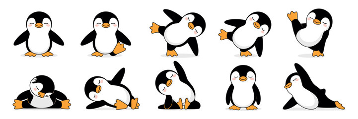 Cute Penguin Characters Practicing Yoga Poses for Wellness and Flexibility in a Minimalist Style Illustration, Promoting Health and Relaxation for Children's Education and Lifestyle Content (Cartoon,