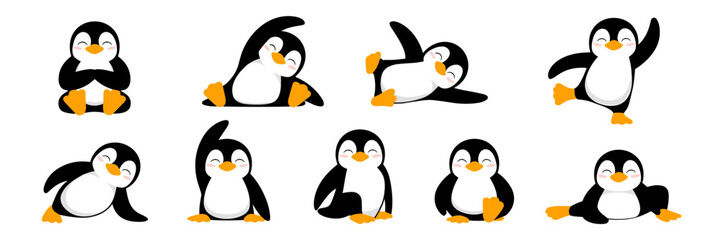 Playful Penguins Exercising Yoga Poses on White Background: Cartoon Penguins in Various Yoga Asanas for Fitness, Wellness, Children Education, and Fun Projects, Cute Animal Illustrations for Animated